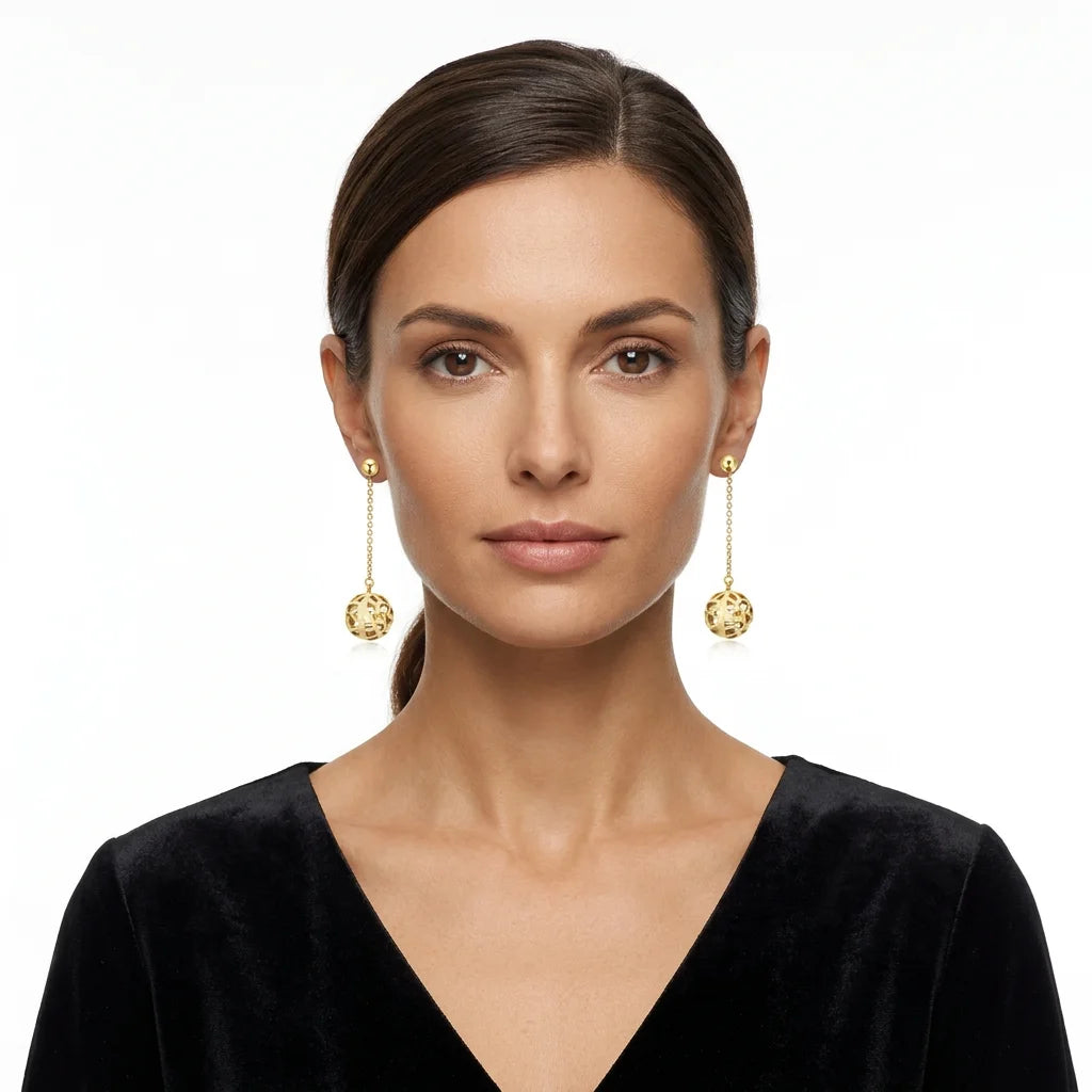 Elegant Filigree Spherical Cage Long Tassel Drop Dangle Earrings 18k Gold Plated Brass Hollow Ball Fashion Jewelry Wholesale