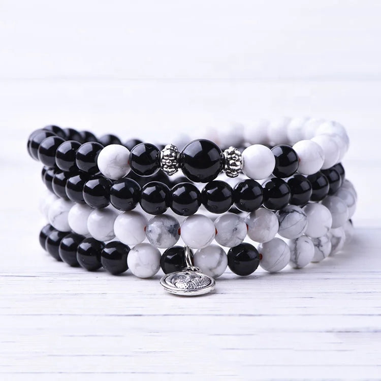Tibetan Buddhist White Howlite Black Onyx Stone Beads With Yinyang Charm 108 Mala for Man and Woman Necklace Jewellery