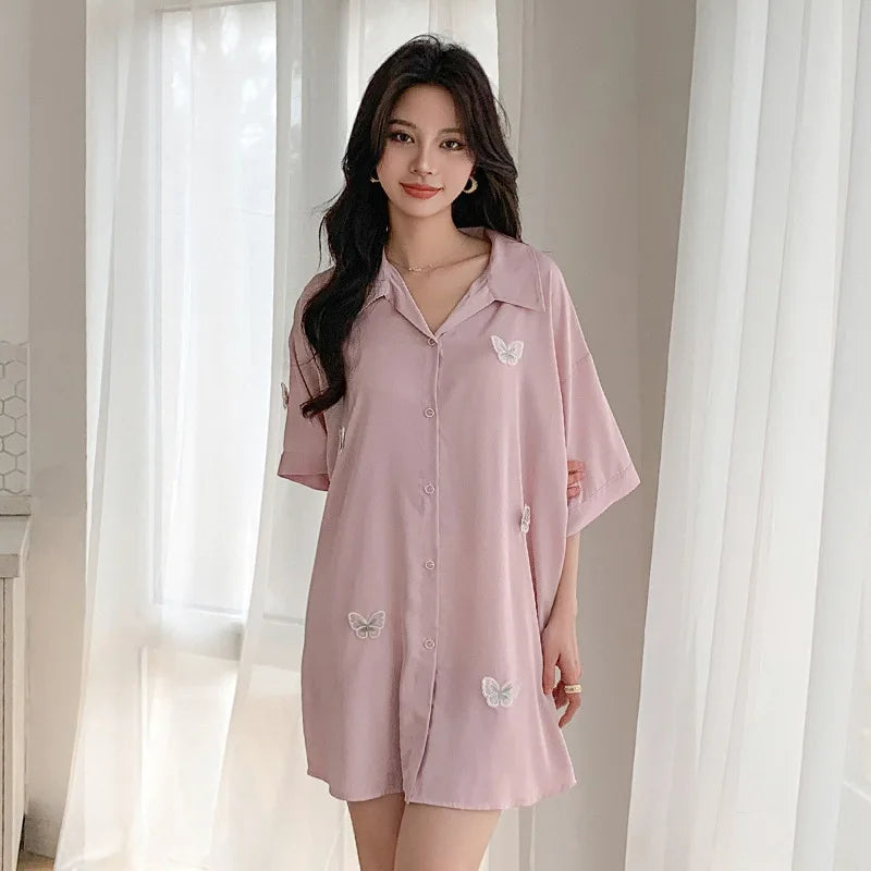 Thin pink Pajamas Women Summer Short Sleeve Pure Desire Shirt Collar Nightgown butterfly Appliqued Japanese Shirt Dress