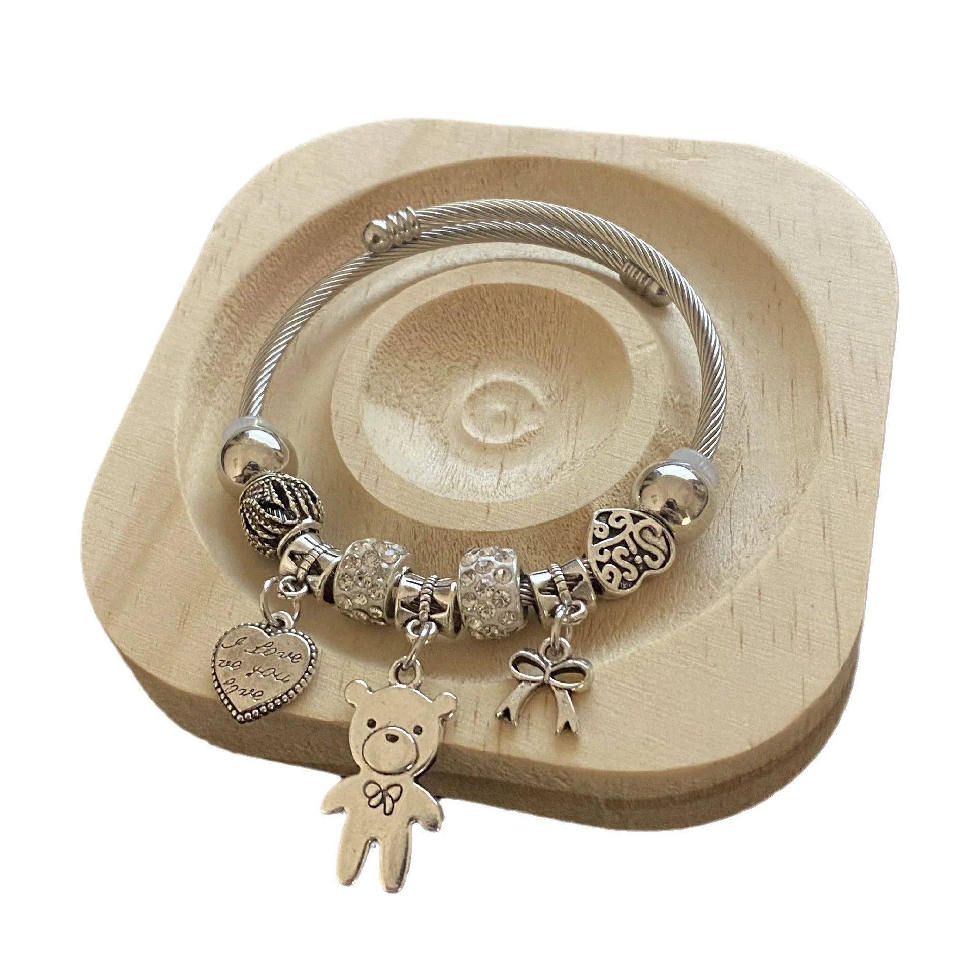 DAIHE EBC3713 Stainless Steel Bracelet Love Bear DIY Beaded Open Bracelet New Niche Design Sense Light Luxury Zircon Jewelry