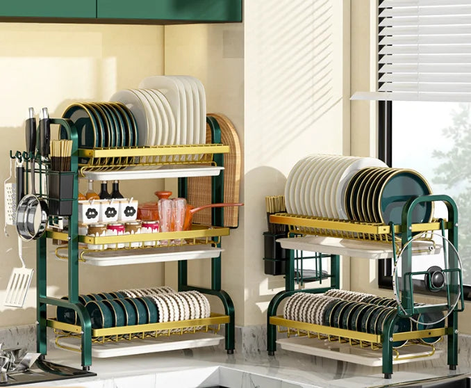 2/3-Tier Metal and Steel Dish Rack with Tray Utensil Drain Cutting Board Holder for Kitchen Counter Organizer Storage