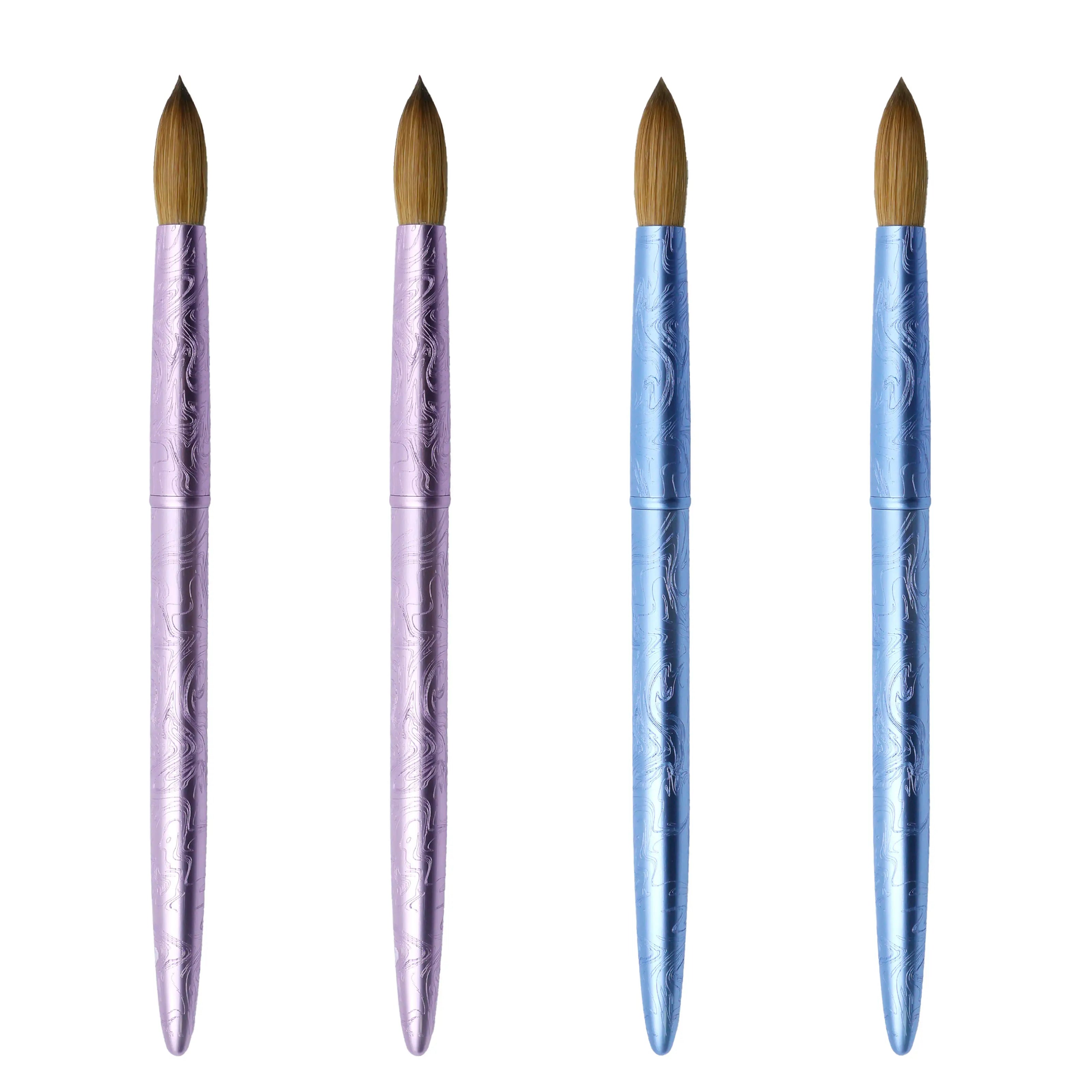 Round Crimped Head Custom Logo 100% Kolinsky Hair Luxury Blue/Pink Metal Handle Nail Extension Professional Manicure Tool