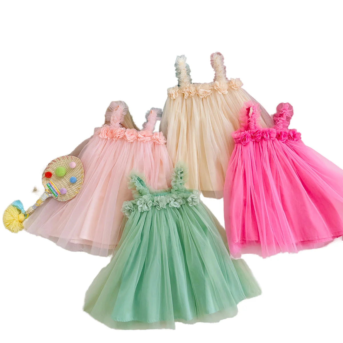 2024 Cute Girls' Fluffy Princess Dress Summer Sleeveless Mesh Lace Strap Knee-Length Layered for Kids' Party Wedding Pattern