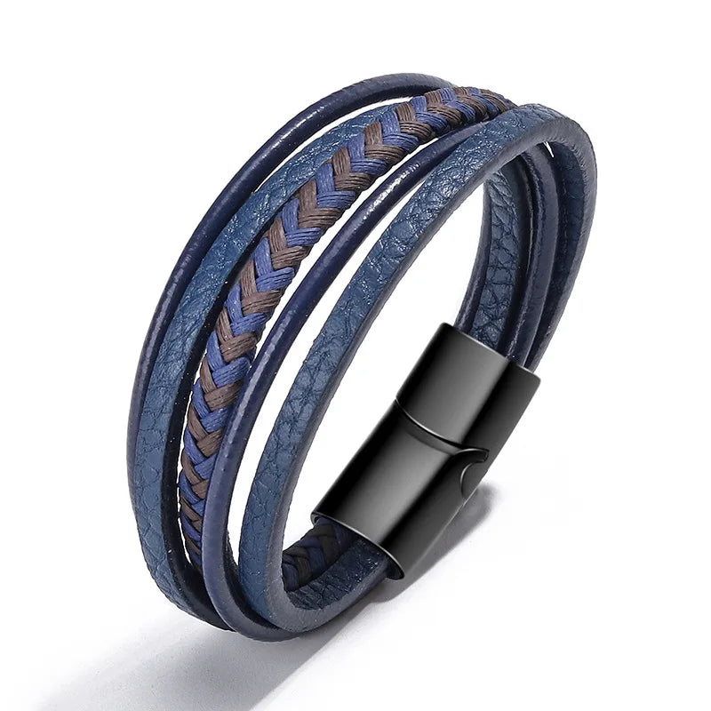 Braided Black Blue Color Leather Bracelets for Men Armband Trendy Genuine Rope Leather Bracelets With Magnetic Buckle Jewelry