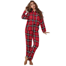 Plaid 2 Pieces Pajama Set Cotton Pyjama Trousers Womens Red Night Clothes