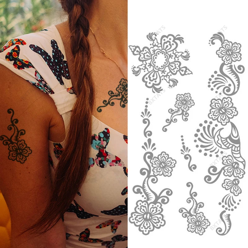 Bxtats 40 Styles Henna Mehndi  Waterproof Tattoo Stickers for Women Jewelry Lace Moon Moth Flowers Semi Permanent Tattoo