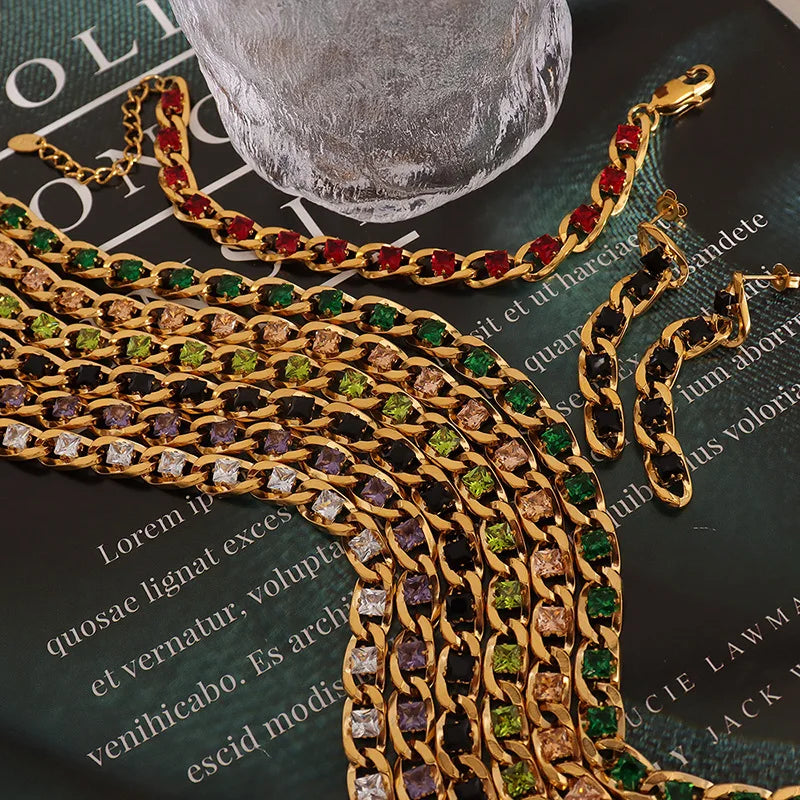 Luxury Stainless Steel Fine Jewelry 18k Gold Plated Colorful Cz Zircon Chain Bracelet Necklace Set