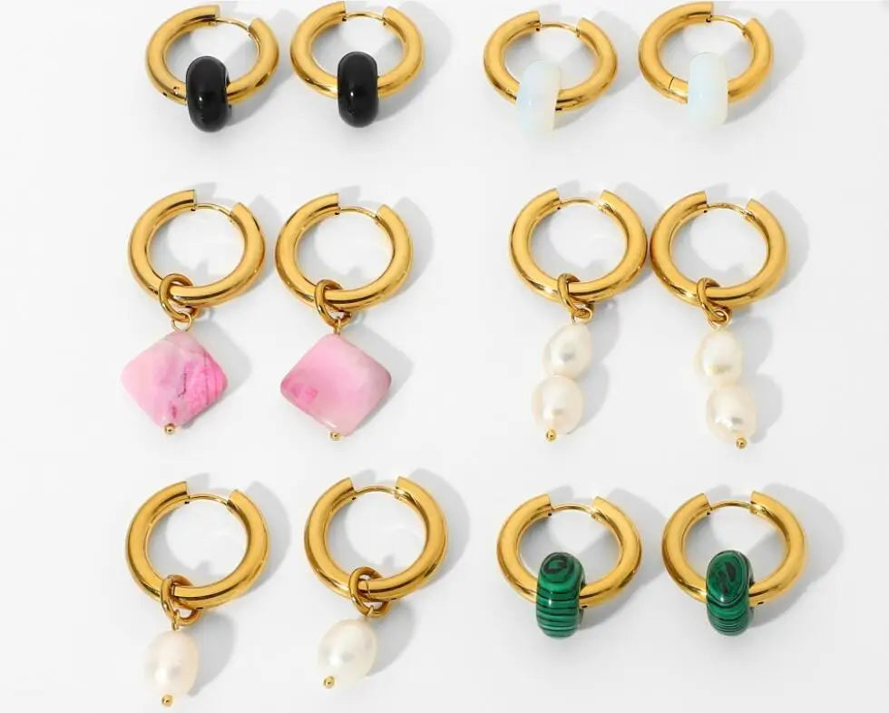 Jietao Tarnish Free Stainless Steel Simple Removable Nature Circle Stone Hoop Earrings Donut Gemstone Earrings for Women
