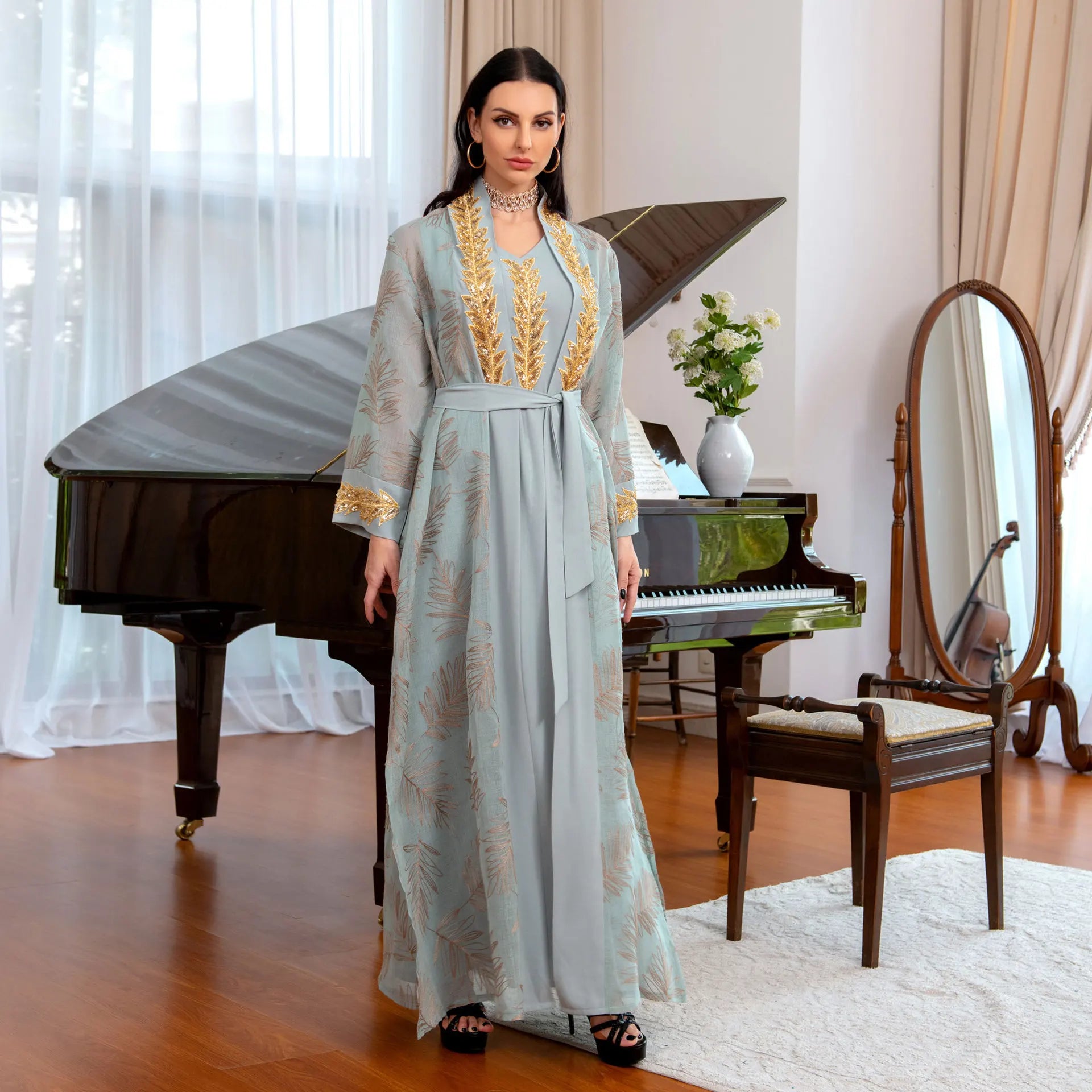 Western Trend Middle East Muslim Turkey Abaya Arabian Dress Women Abaya Dubai Sequin Embroidery Lace Skirt Robe Evening Dress