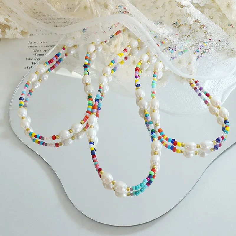 Bohemia Stainless Steel Freshwater Pearl Stranded Colorful Glass Stone Bead Chain Necklace