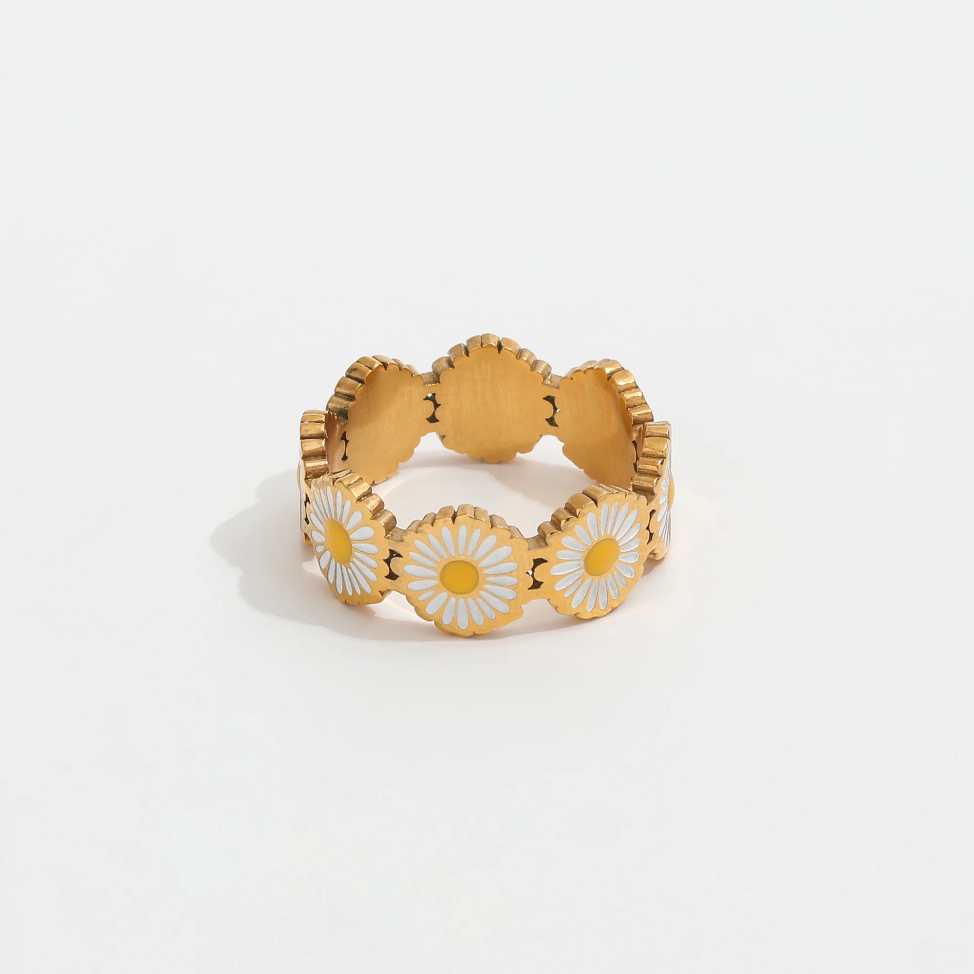 Joolim Jewelry Wholesale 18K Gold Plated Flower Enamel Non Tarnish Stainless Steel Band Rings for Women