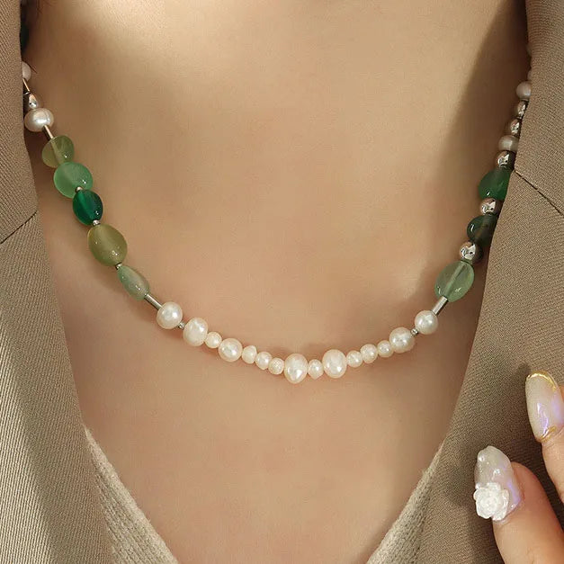 Unique Design 18K Gold PVD Plated Stainless Steel Natural Stone Freshwater Pearl Choker Necklace for Women P1359