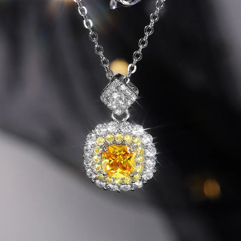 CAOSHI Silver Plated Stainless Steel Chain Necklace Yellow Pink Wedding Bride Square Zircon CZ Pendant Necklaces for Women Girls