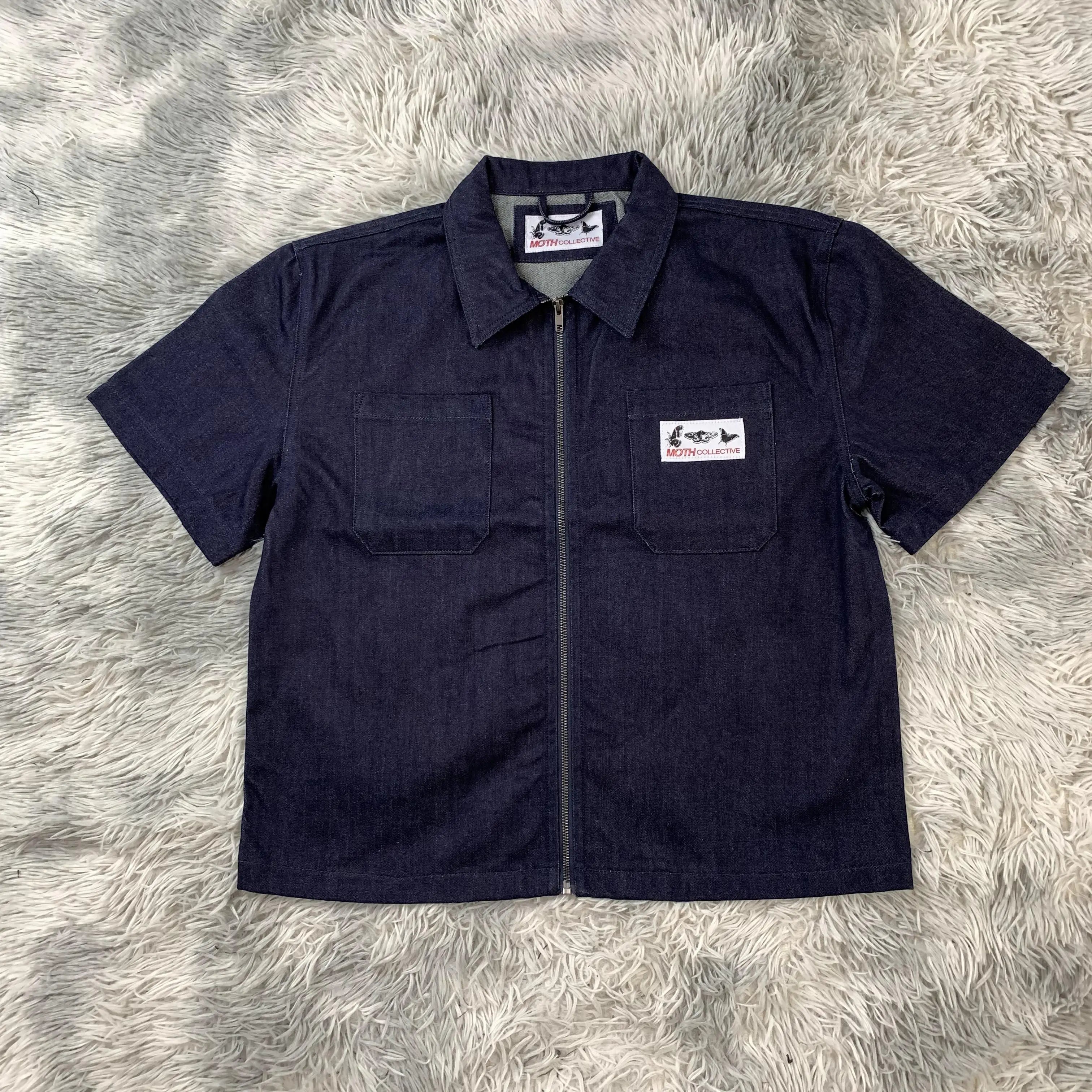 DENIMGUYS Urban Streetwear Clothing Fashion Short-sleeved Shirt for Men Loose Zip up Denim Shirts Tops With Pocket