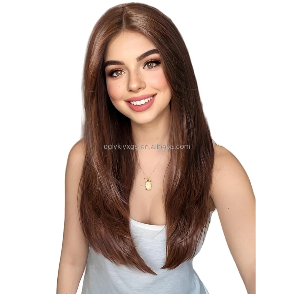 Hot Sales 13x6 Front Lace Synthetic Lace Wigs 22Inch  Futura Fiber Layered Straight Hair Brown Gold Colour for Women Hair