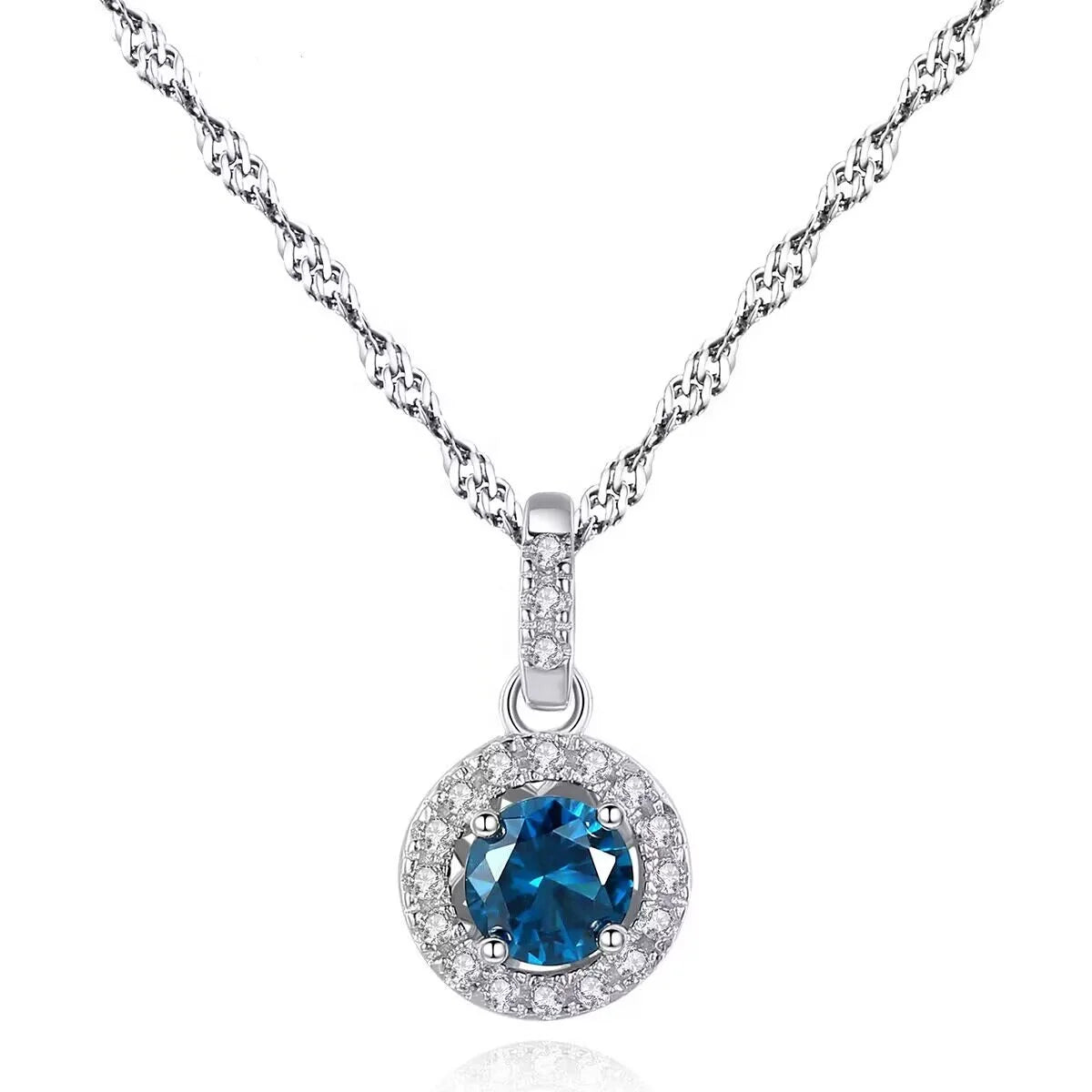 OAHLAN Fashion Jewelry 5mm Blue/Green/Red Round Gemstone Halo 925 Sterling Silver Pendant Necklace for Women Girls Birthday Gift