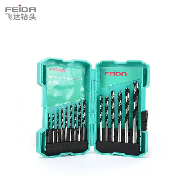 FEIDA 15-Piece Tri-Pointed Drill Bit Set 8mm High Speed Steel Alloy Spiral Flute Type CNC Controlled Wood Drilling Shank Milling