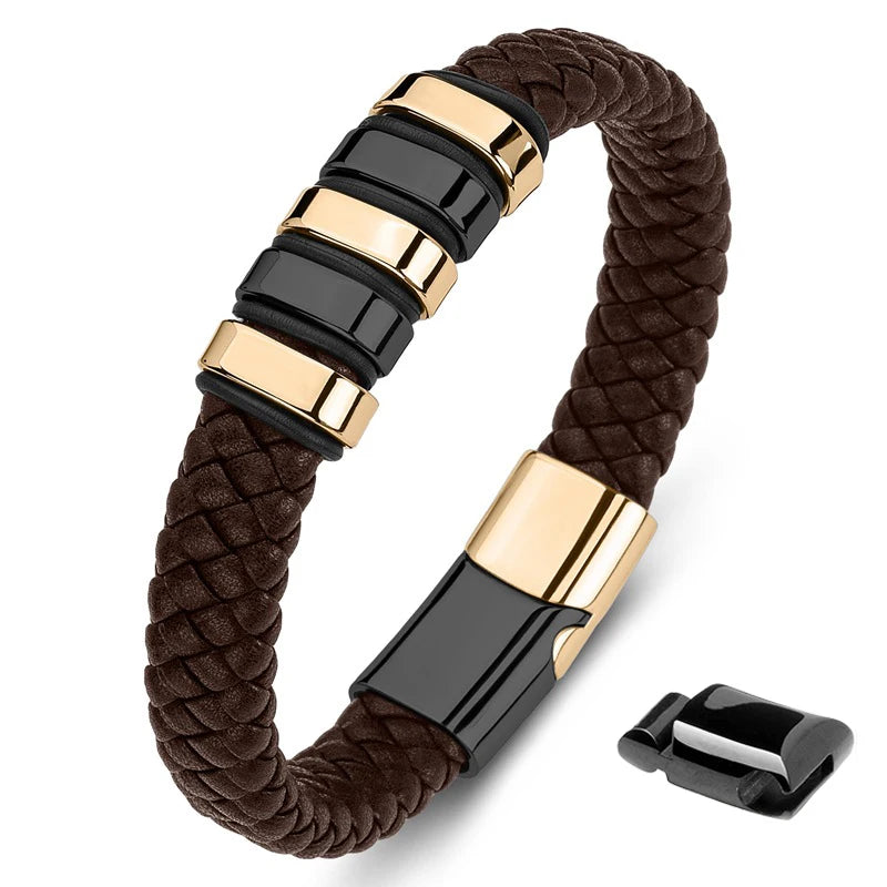Stylish Black and Gold Leather Bracelet for Men Braided Cuff Bracelet Magnetic Closure Gift