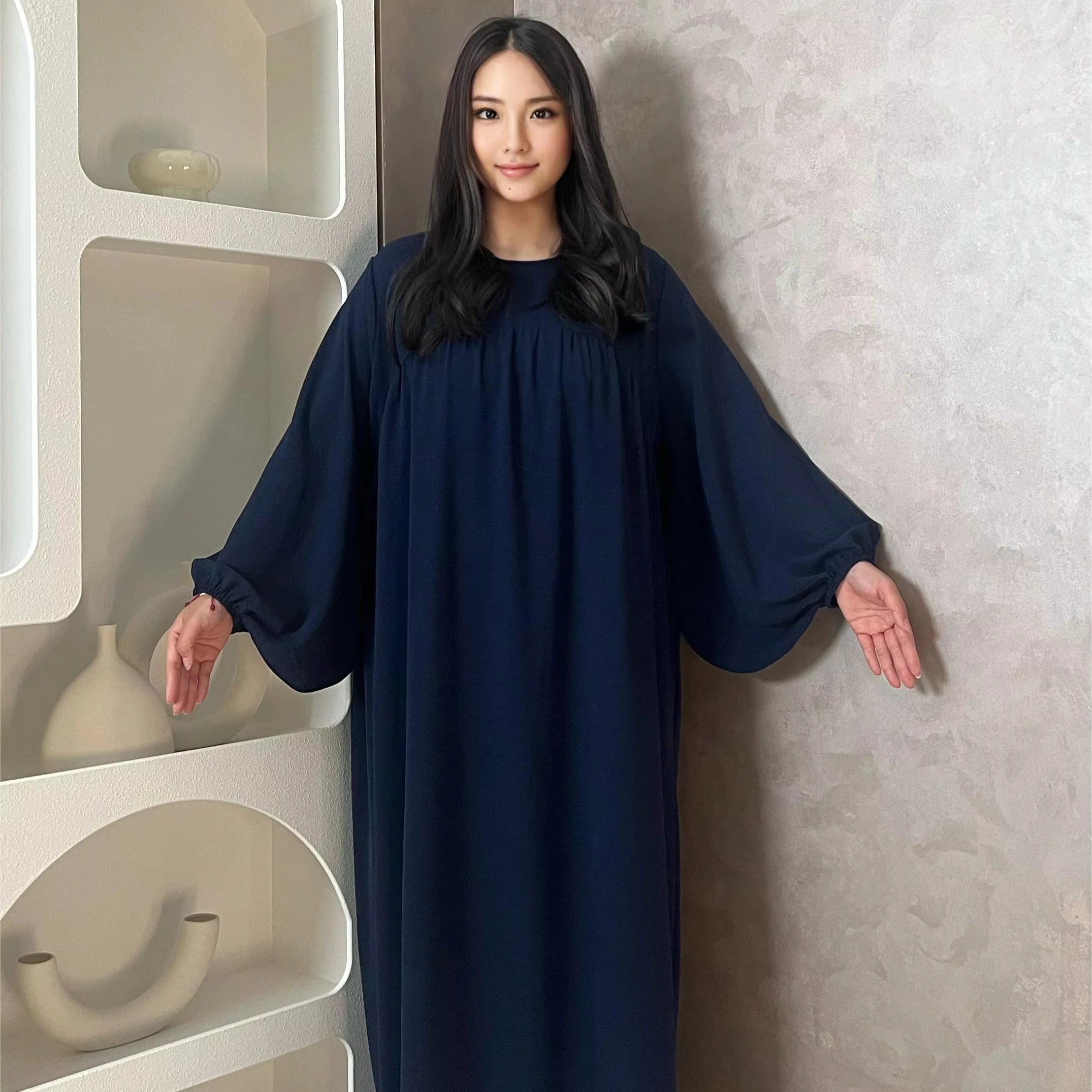 LM021 Balloon Sleeve Crepe Slip Abaya Dress Inner Bubble Sleeves Muslim Women Islamic Clothing Umrah Prayer Dress Modest