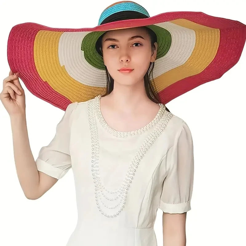 Women's Raffia Straw Sun Hat Two-Tone Large Brim for Casual Travel Beach Outdoor Fishing Use with UV Protection