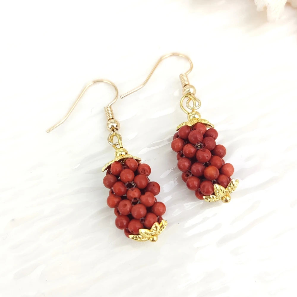 Vintage Boho Style Natural Stone Beads Tassel Grape Shape Earrings 18k Gold Plated Hook Red Sea Bamboo Coral Earrings for Party