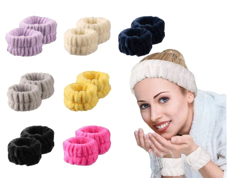 3 Pieces Coral Fleece Facial Makeup Headband High Elastic Hair Band Spa Headband Wrist Washband Set