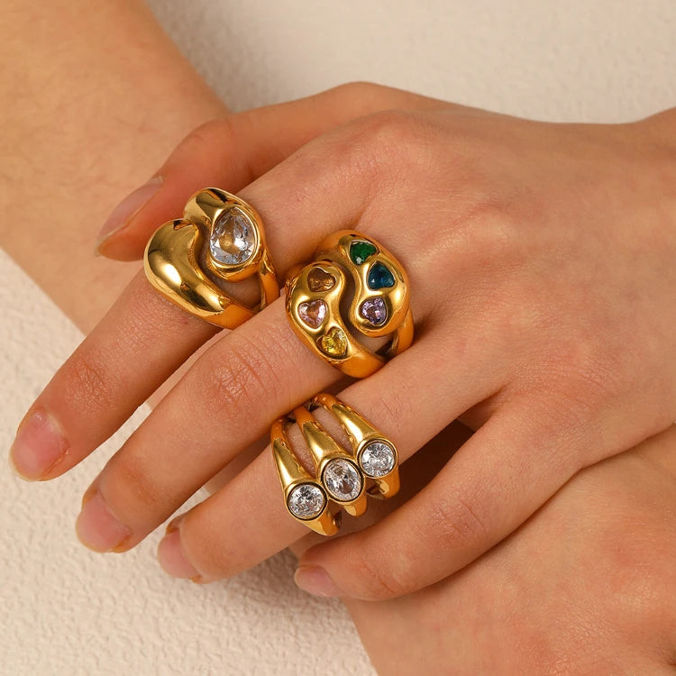 X154 Wholesale Gold Plated Stainless Steel Chunky Ring Women's Heart Shaped Rhinestones Irregularly Finger Ring Jewelry