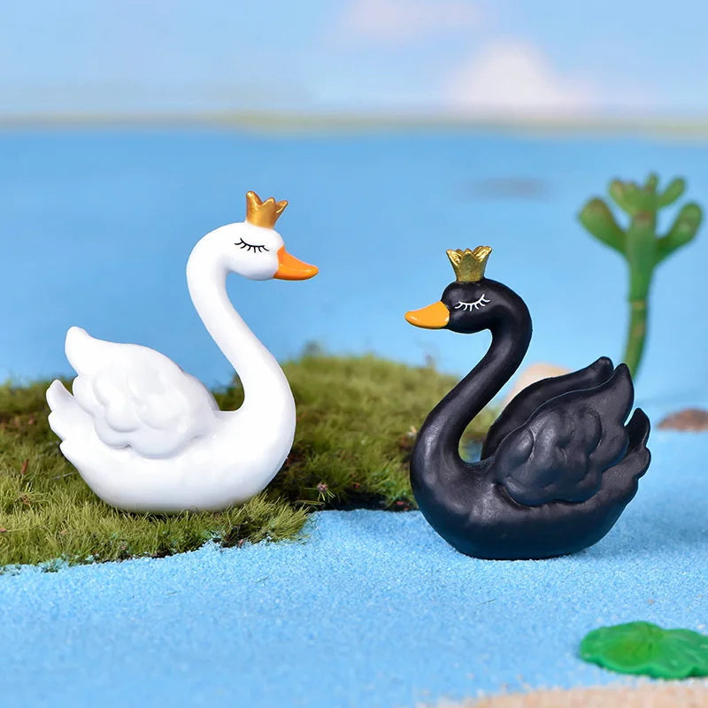 Miniature Crown Swan Fairy Garden Decor Outdoor Decorative PVC Animal Figurines Cake Ornament