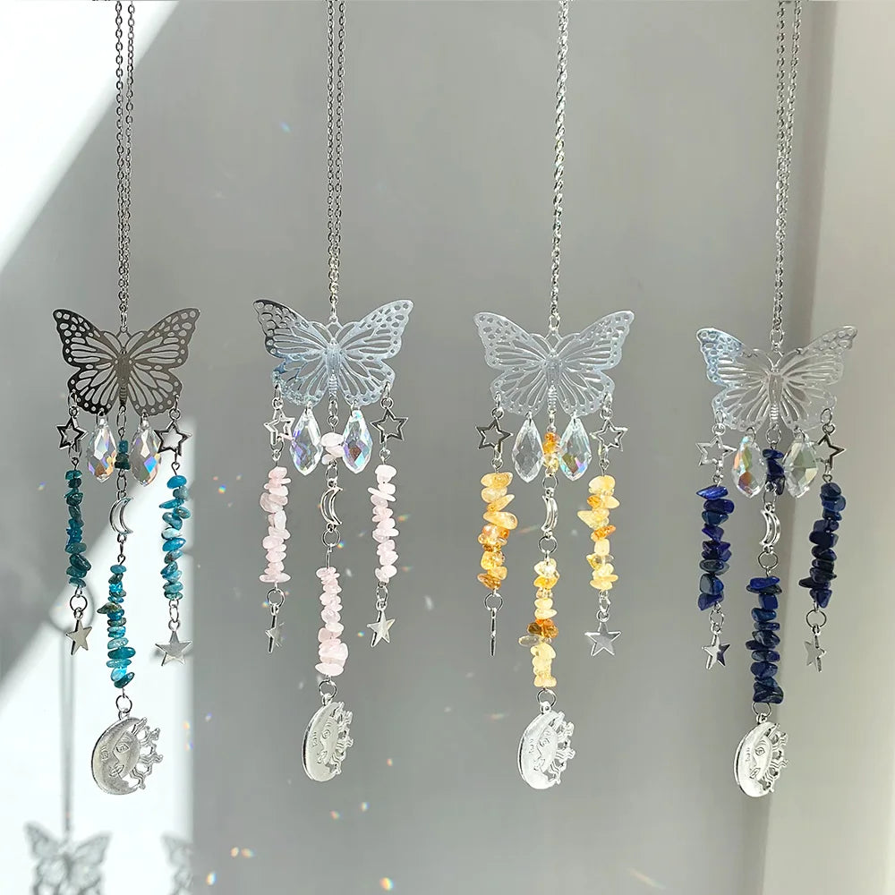 Butterfly Sun Catcher Handmade Garden Pendant Butterfly Car Pendant Gemstone Gravel Wind Chime Aurora