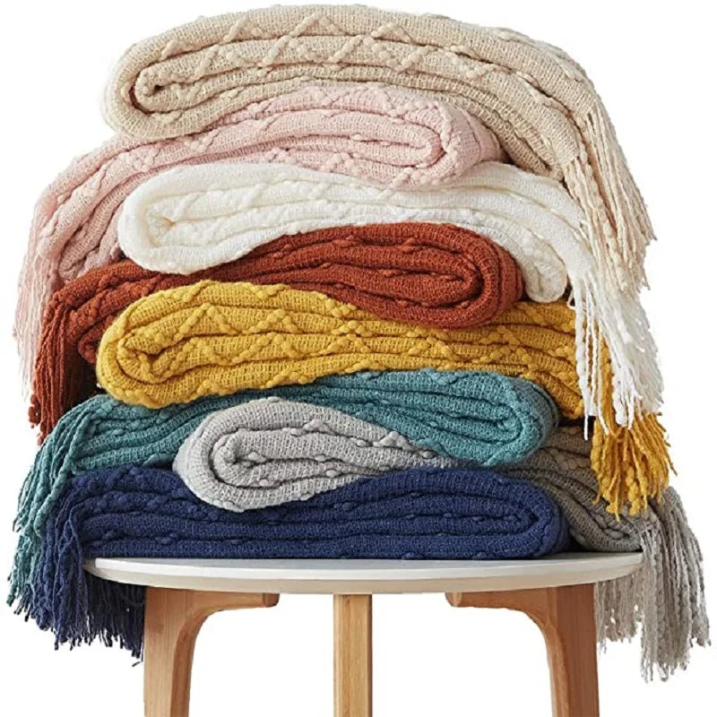Tassel Throw Blanket Fringe Tassels Cable Knit Yellow Acrylic Textured Solid Home Chair Sofa Couch Bed Decor Scandinavian Style