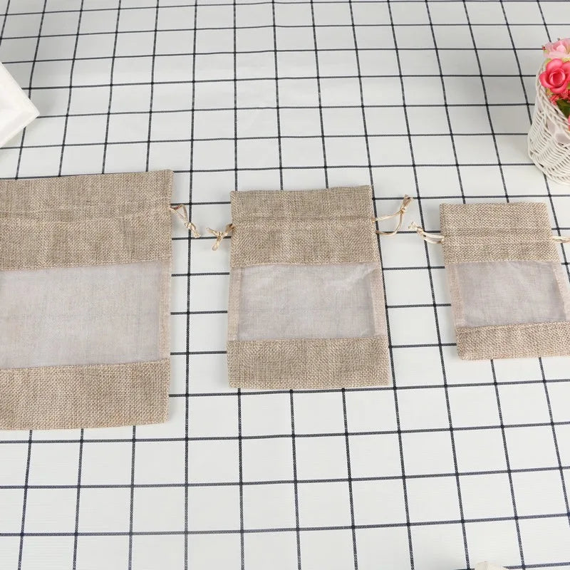 Linen Bundle Pocket Jute Mesh Bag Candy  Storage Bag Drawstring Cambric Christmas Window Jewelry Drawstring Bag