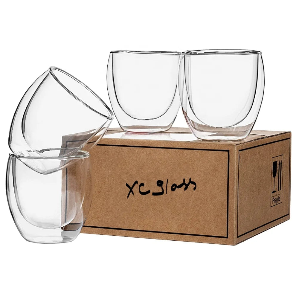 Clear Borosilicate Double Walled Glass Coffee or Tea Cups Insulated 250ml Espresso Coffee Mugs