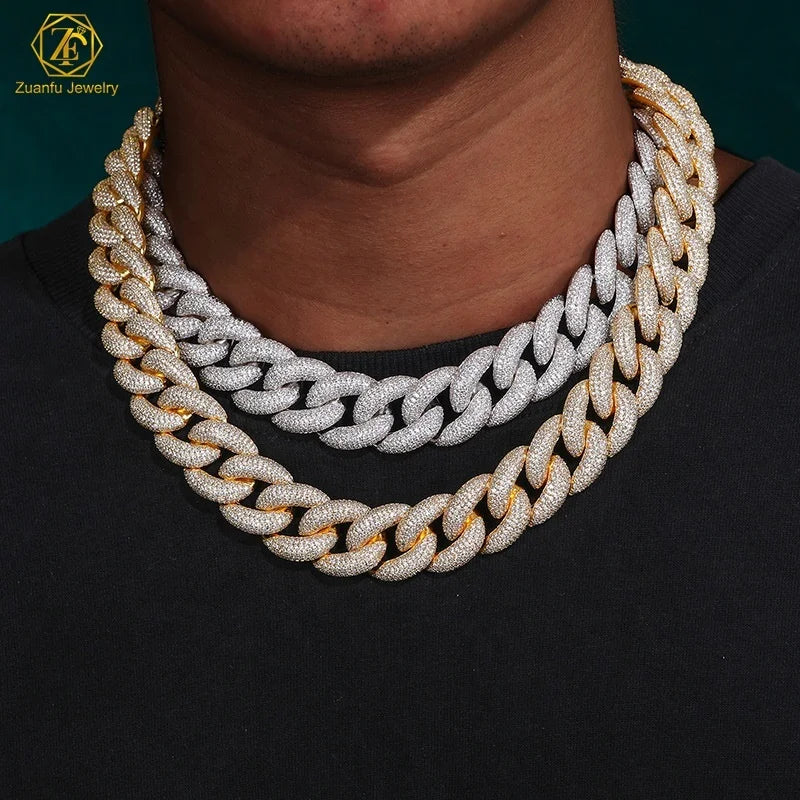 18K Gold Plated 925 Sterling Silver Pass test Vvs Moissanite Diamond Iced Out 14mm 4 Rows 20mm 5 Rows Cuban Link Chain Necklace