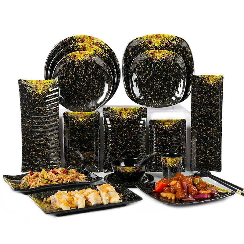 Wholesale Japanese Luxury Eco-friendly Melamine Dinnerware Set with Utensils Black Gold Plates Dishwasher Safe