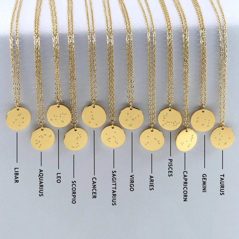 2024 Trendy Fashion Stainless Steel Dainty Disc Pendant Necklace Customized Engraved 12 Gold Zodiac Signs for Women