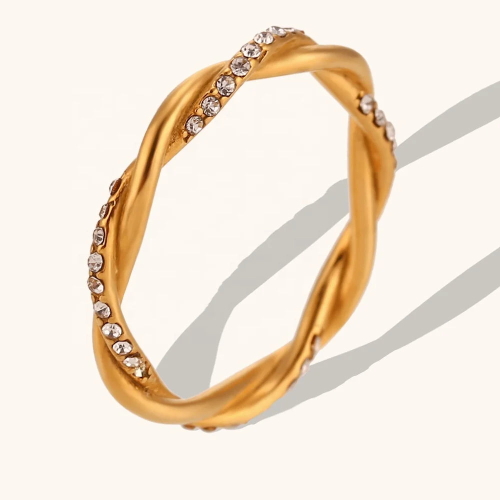 Dingran Fashion Jewelry Twisted Ring Stainless Steel 18k Gold Plated Zircon Rings for Ladies