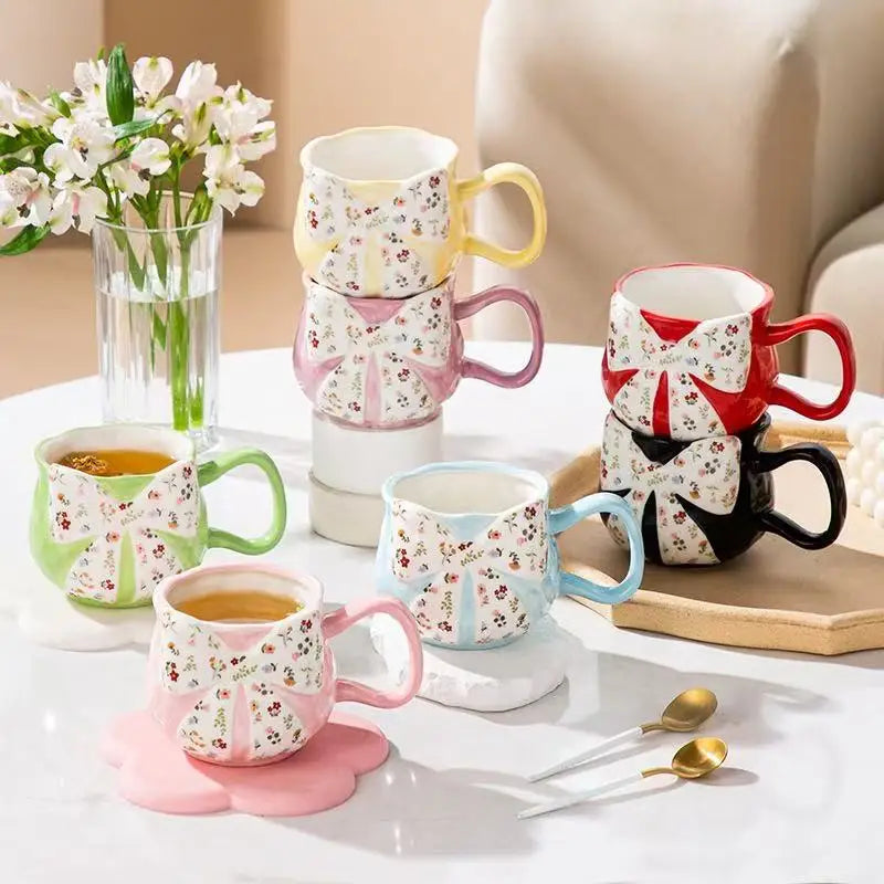 M Korean Delicate Small Floral Bow Ceramic Coffee Mug Girl Heart Home Office Drinking Water Cup