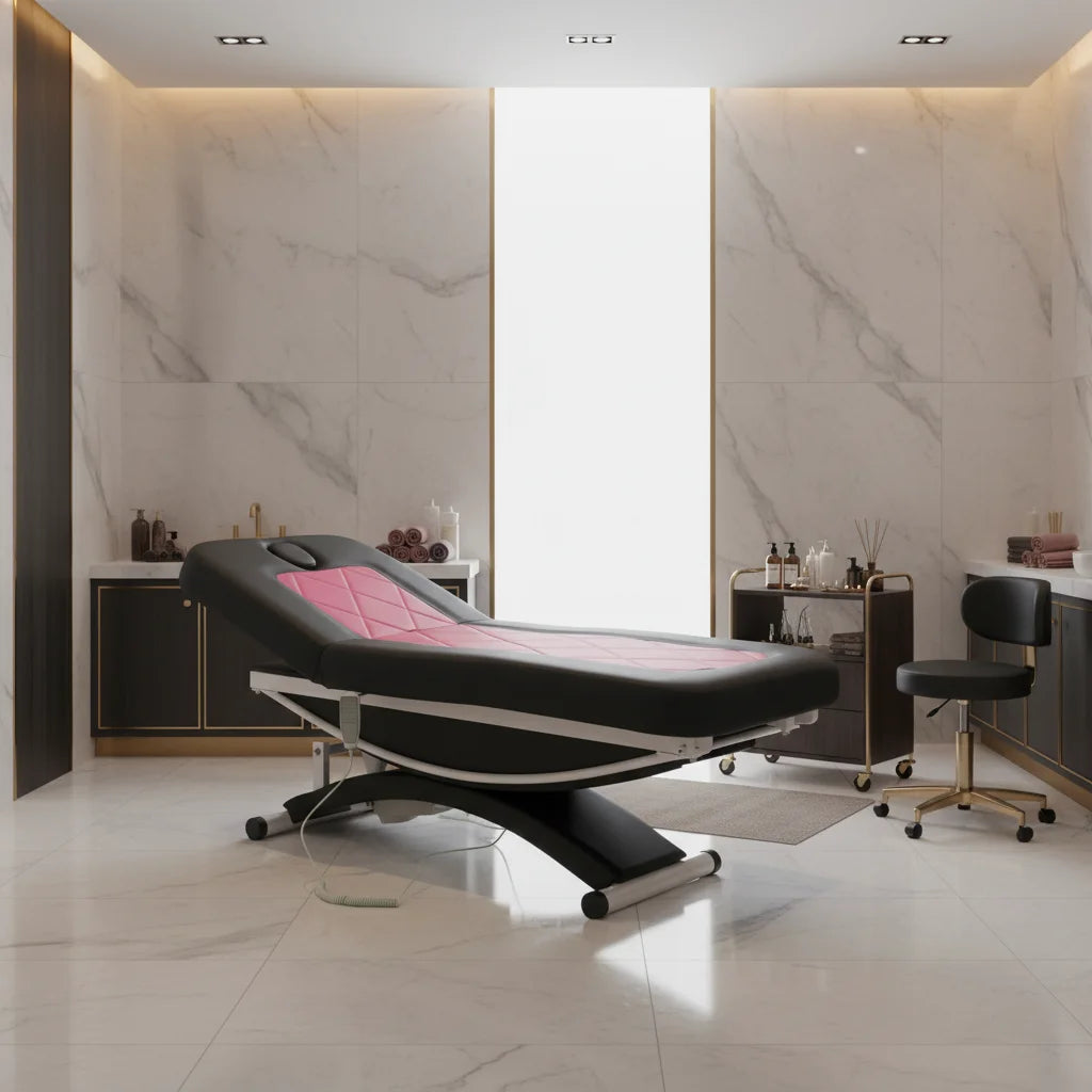Kangmei Therapy Spa Salon 3 Electric Motors Black and Pink Treatment Waxing Esthetician PMU Massage Table Facial Beauty Bed Set