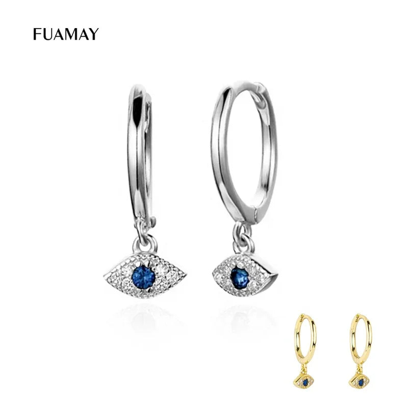 FUAMAY Women's 925 Sterling Silver Evil Blue Stone Eye Earrings 18K Gold Plating CZ Evil Zirconia Hoop Dangle for Parties Gifts