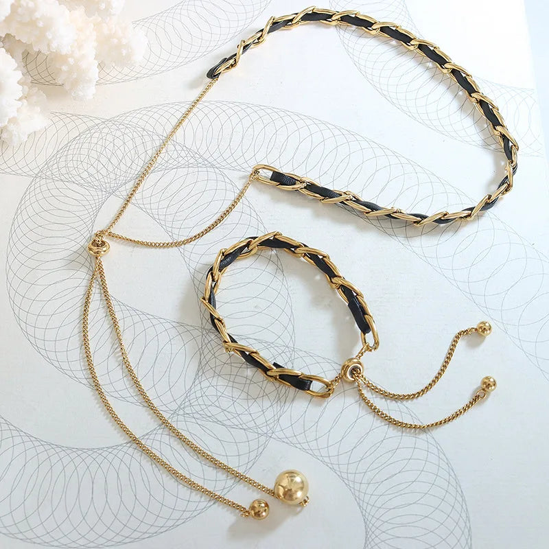 Fashion Personality Leather Rope Chain Tassel Can Pull Necklace Clavicle Chain Titanium Steel 18k Gold