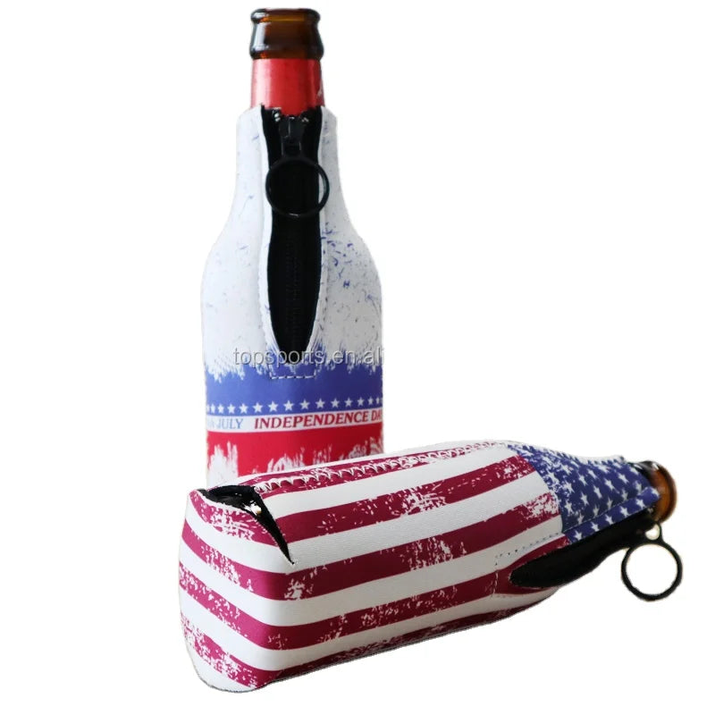 Custom Flag Printing Flat Neoprene Beer Bottle Holder 330ml Beverage Bottle Holder