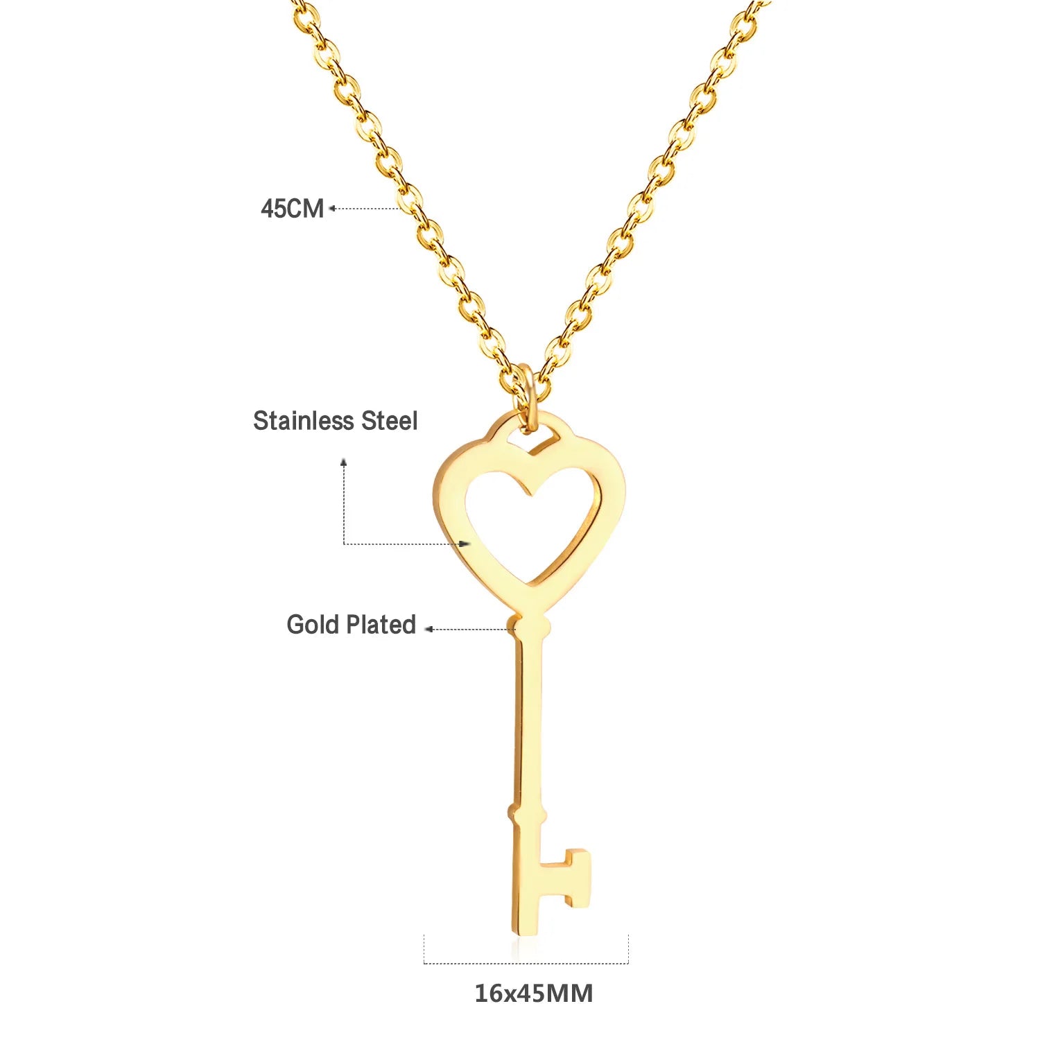Ason Hot Sale 18K Gold Plated Custom Key Shape Pendant Necklace Stainless Steel Jewelry Gift Jewelry Heart Necklace for Lovers