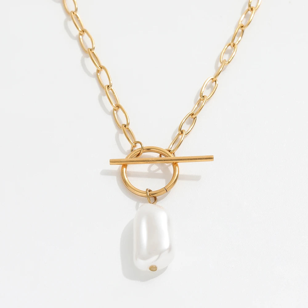 Joolim Jewelry 18K Gold Plated Shell Baroque Pearl Pendant Toggle Clavicle Necklace Stainless Steel Jewelry