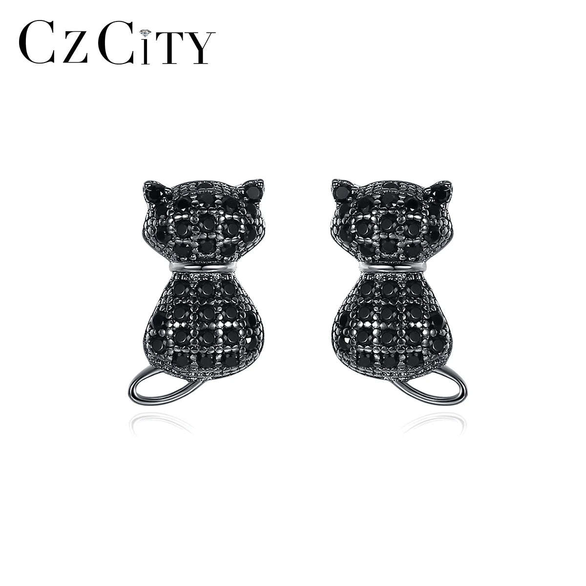 CZCITY Black CZ Cat Stud Earrings 925 Sterling Silver Luxury Crystal Cubic Zirconia CZ Cat Stud Earrings