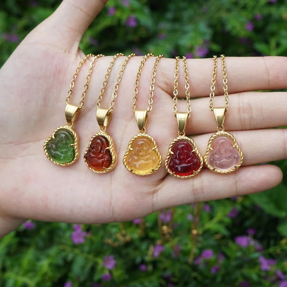 Bohemian Style Stainless Steel Jade Necklace Gold-Plated Carved Buddha Crystal Quartz Factory Cheap Buddhism Pendant Jewelry