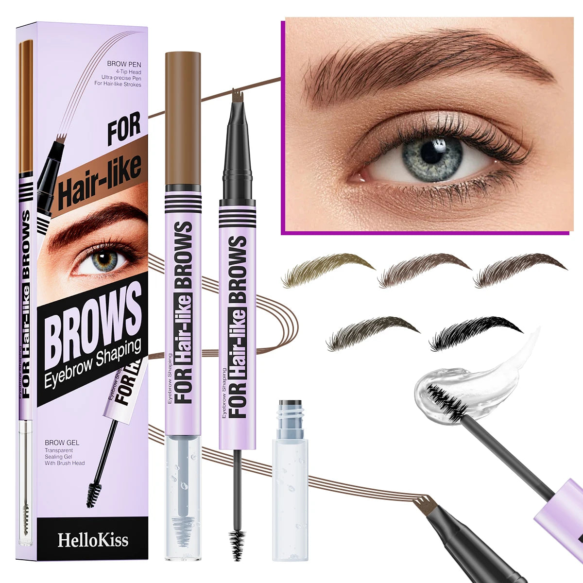 Hellokiss 2025 Tiktok Hot Sales 2 in 1 Dual Head Wild Eyebrow Lift Quick Makeup Set Eyebrow Pencil&Brush Set Kit with Gel Glue