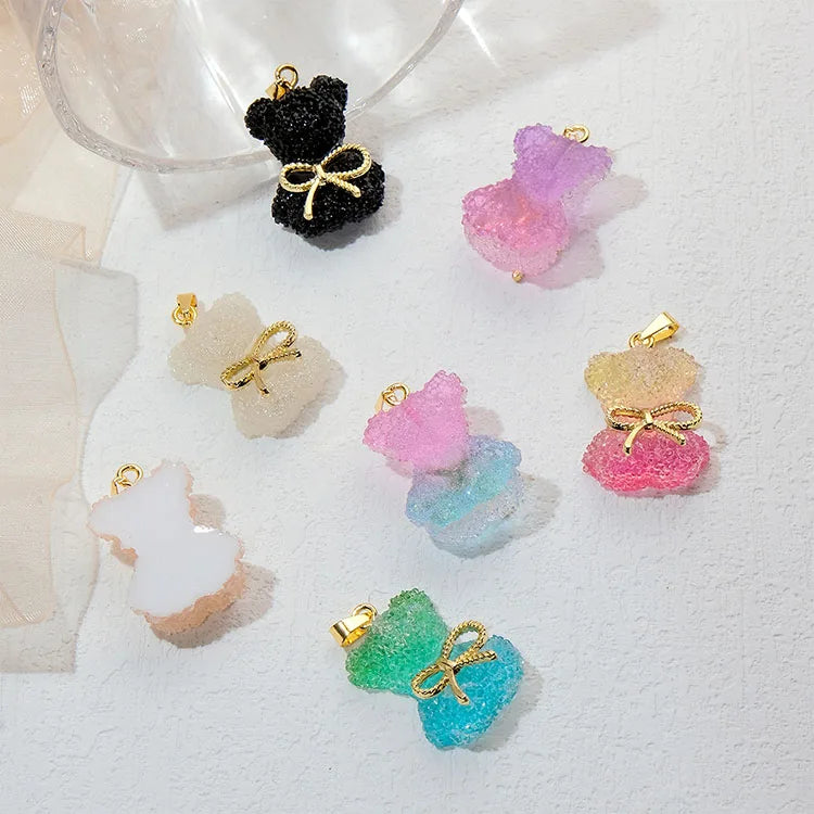 JS1827 Dainty Cute Gummy Multi Colored 18K Gold Plated Over Brass Sugar Jelly Candy Bear with Ribbon Bow Charm Pendants
