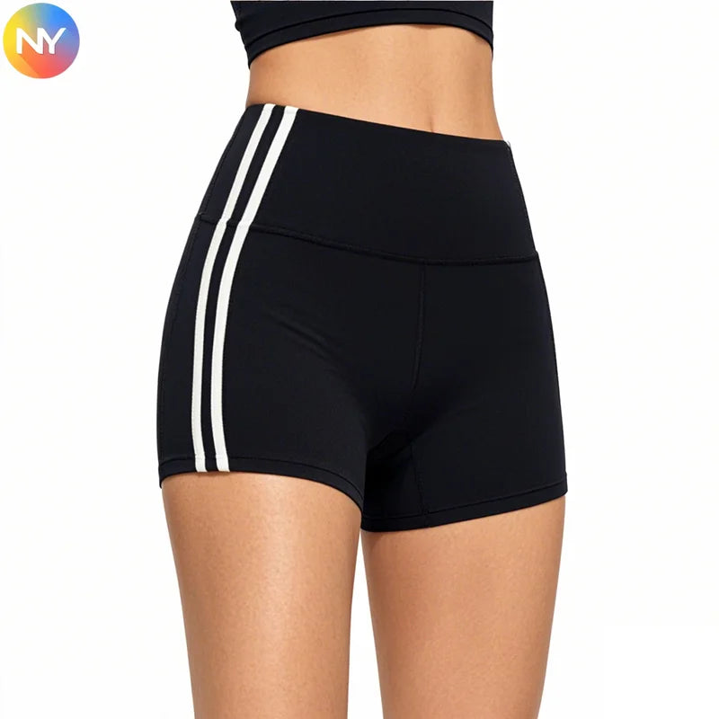 Women's High Waist Butt Lift Yoga Shorts With Side Stripes Moisture-Wicking Gym Slim Narrow Fit Running Activewear Shorts