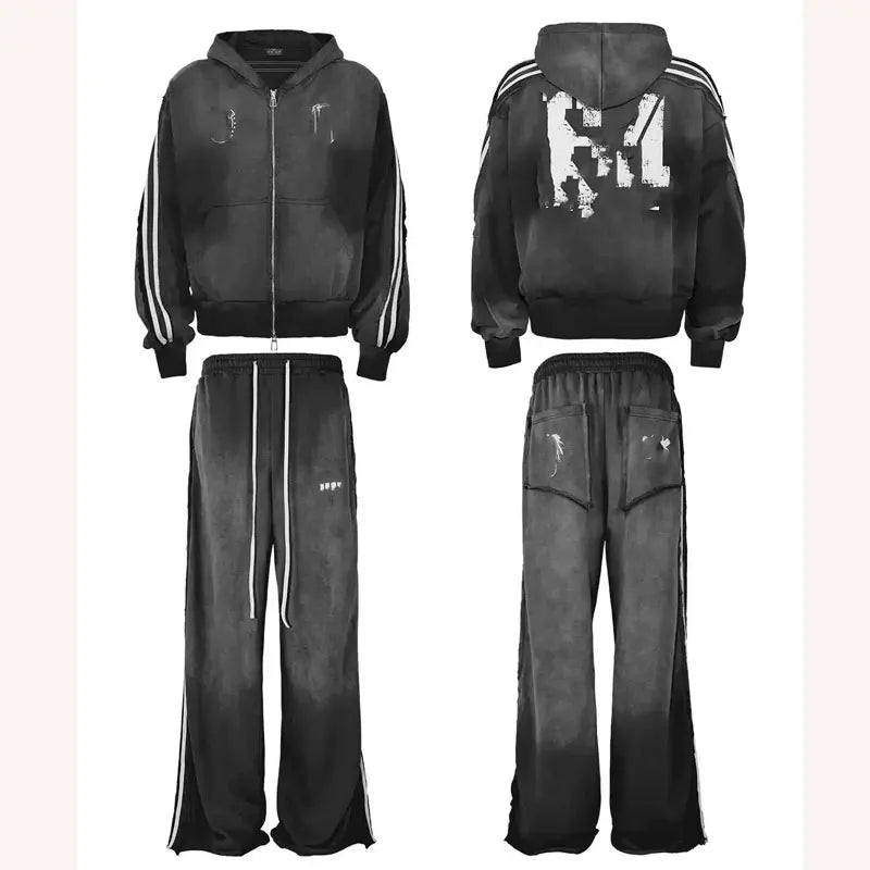 Tracksuit Custom High Quality Zip up Hoodie Trousers Tracksuit 100% Cotton DTG Print Street Wear Faded Acid Washed Tracksuit