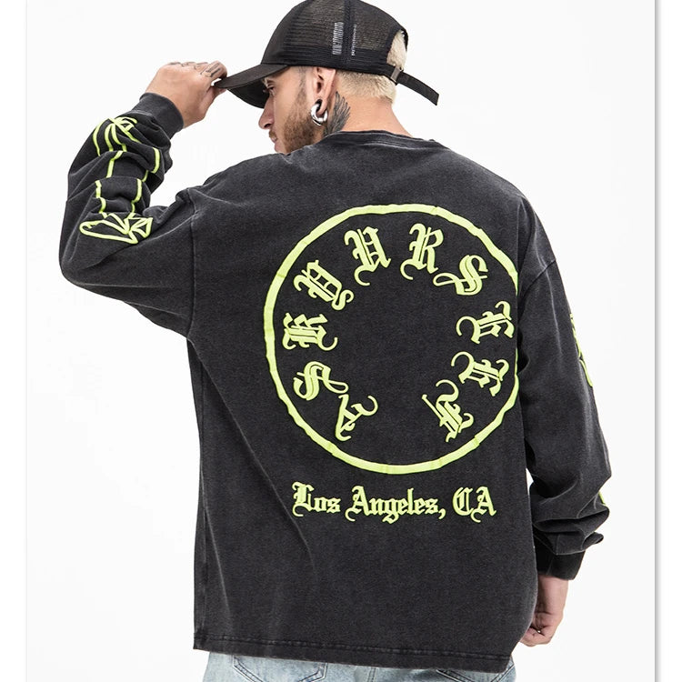 New Retro Washed Old Round Neck Couple Long-sleeved Fashion INS Hip-hop Mens Tshirts